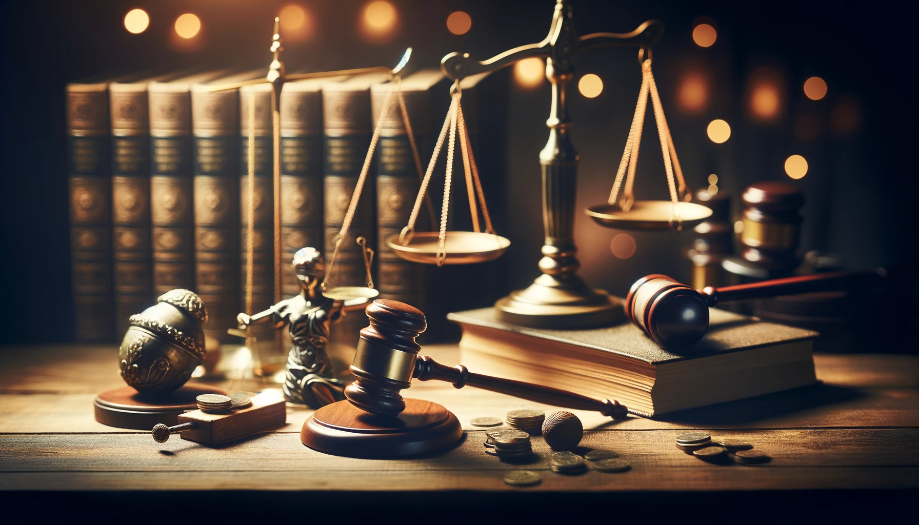 DALL·E 2024-06-11 23.02.14 - A high-quality, realistic image of a law-themed still life. The scene includes a balanced scale of justice, a gavel, law books, and other legal symbol